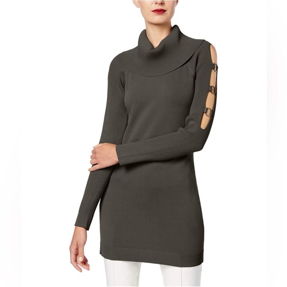 INC International Concepts Women’s Black Cold Shoulder ring Tunic Sweater in L